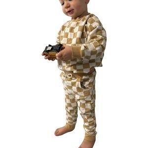 3T yellow and white French terry checkered toddler sweater set!